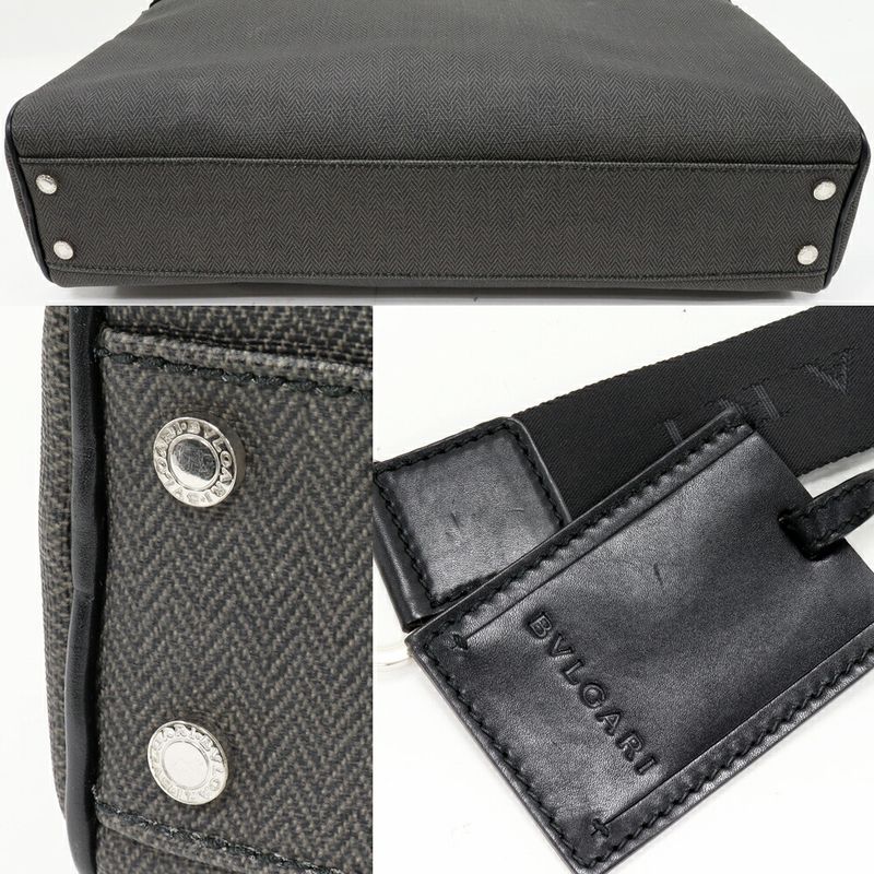 Bulgari Briefcase Business Bag Weekend PVC Canvas X Calf Gray X Black 2WAY