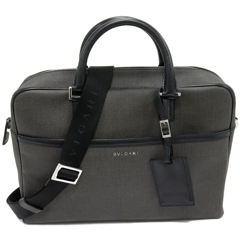 Bulgari Briefcase Business Bag Weekend PVC Canvas X Calf Gray X Black 2WAY
