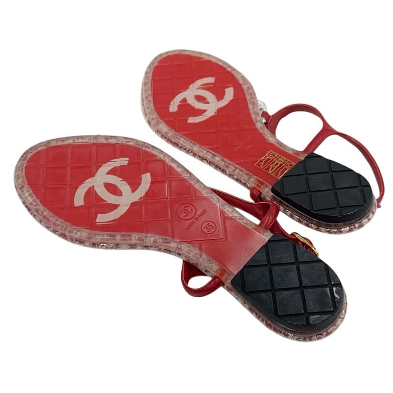 Chanel Sandals Shoes Leather Red Coco Mark Clear Thong Sandals Flat Sandals