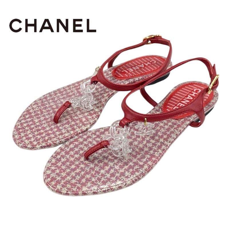 Chanel Sandals Shoes Leather Red Coco Mark Clear Thong Sandals Flat Sandals