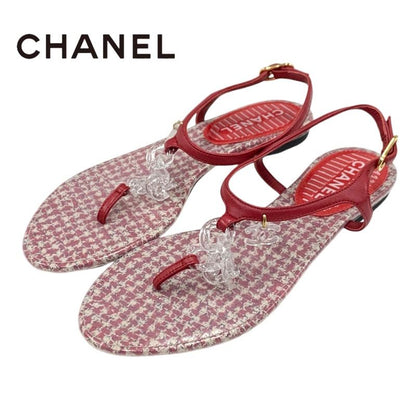 Chanel Sandals Shoes Leather Red Coco Mark Clear Thong Sandals Flat Sandals