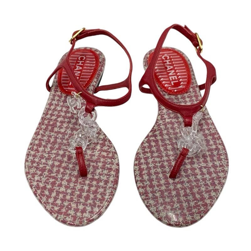 Chanel Sandals Shoes Leather Red Coco Mark Clear Thong Sandals Flat Sandals