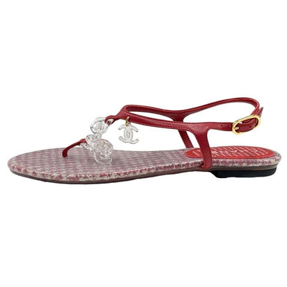 Chanel Sandals Shoes Leather Red Coco Mark Clear Thong Sandals Flat Sandals