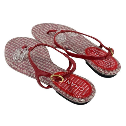 Chanel Sandals Shoes Leather Red Coco Mark Clear Thong Sandals Flat Sandals