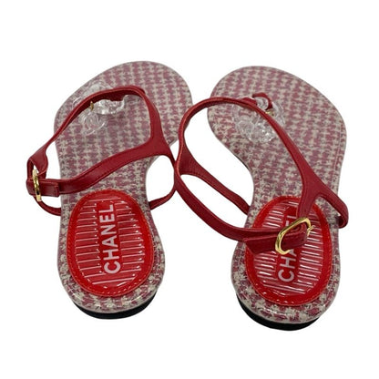 Chanel Sandals Shoes Leather Red Coco Mark Clear Thong Sandals Flat Sandals