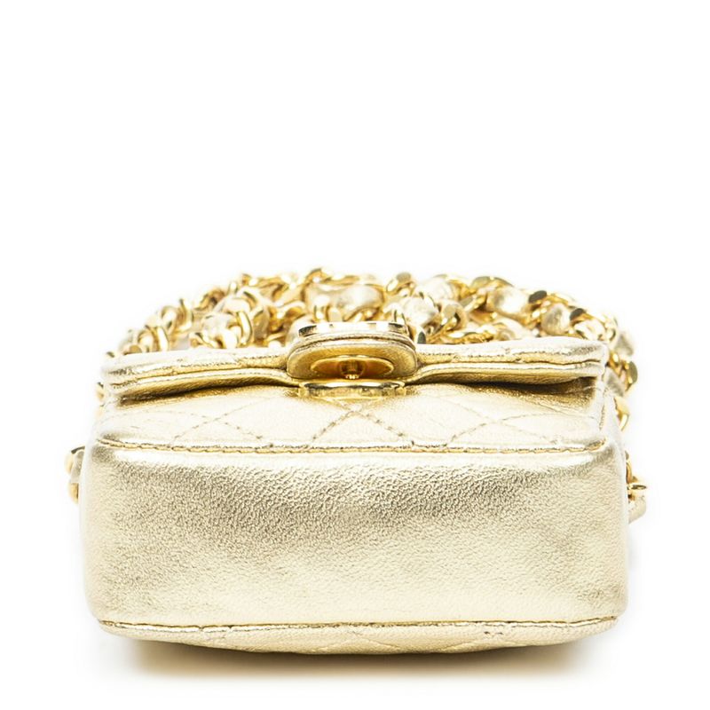 Chanel Vintage Micro Mini Chain Crossbody Gold Matelasse Lambskin Leather A