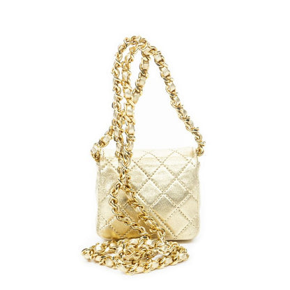 Chanel Vintage Micro Mini Chain Crossbody Gold Matelasse Lambskin Leather A