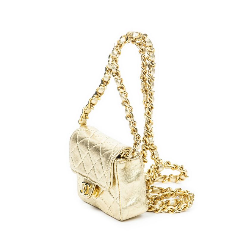 Chanel Vintage Micro Mini Chain Crossbody Gold Matelasse Lambskin Leather A