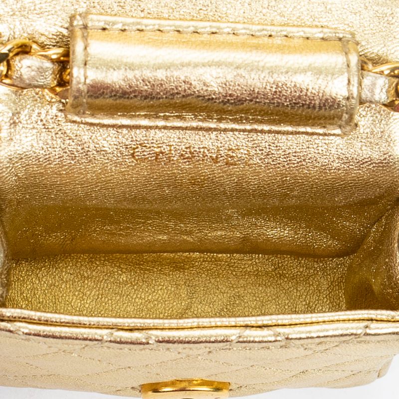 Chanel Vintage Micro Mini Chain Crossbody Gold Matelasse Lambskin Leather A