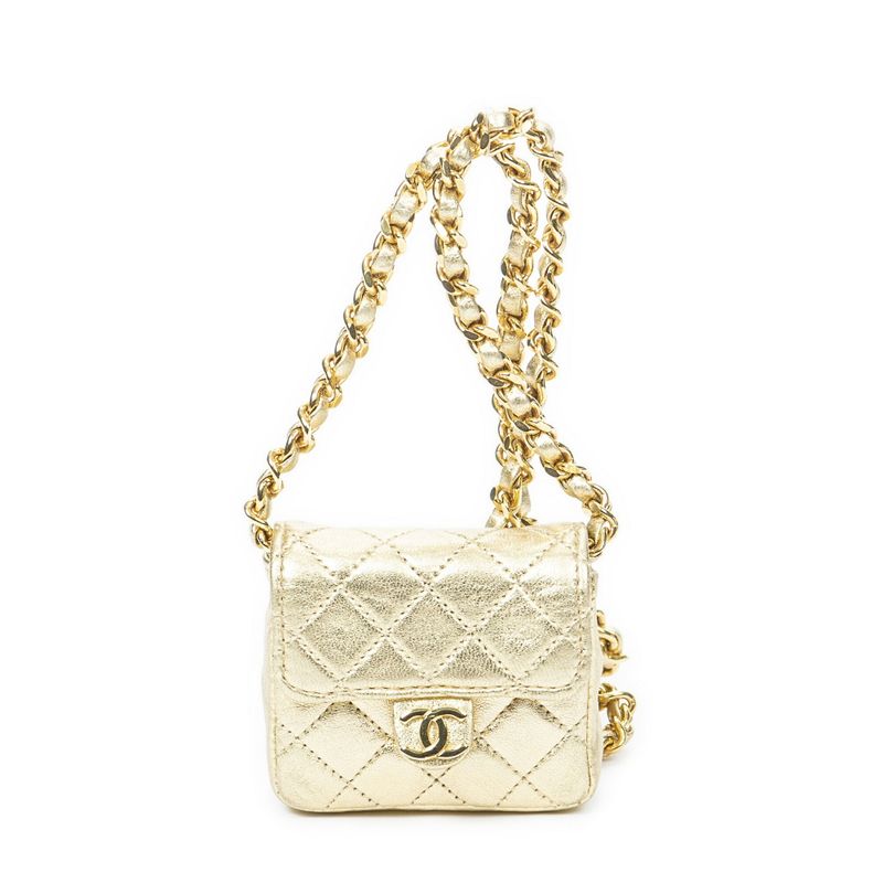 Chanel Vintage Micro Mini Chain Crossbody Gold Matelasse Lambskin Leather A