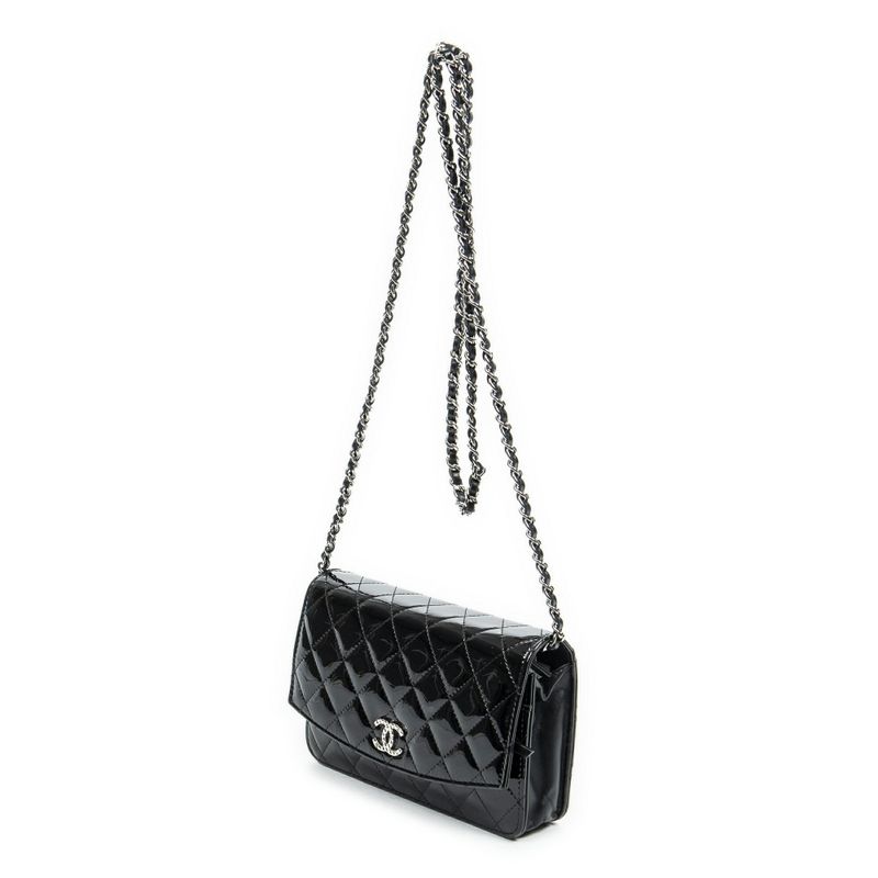 Chanel CC Wallet Black Matelasse Patent Leather A On Chain