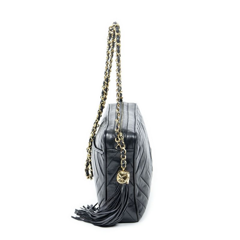 Chanel Coco Mark Fringe Chain Shoulder Black Matelasse Lambskin Leather A