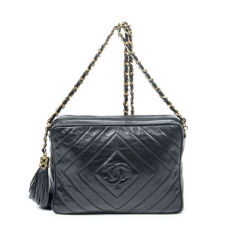 Chanel Coco Mark Fringe Chain Shoulder Black Matelasse Lambskin Leather A