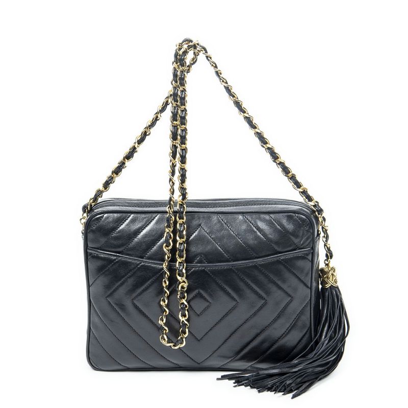 Chanel Coco Mark Fringe Chain Shoulder Black Matelasse Lambskin Leather A