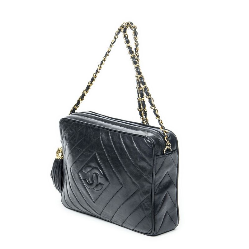 Chanel Coco Mark Fringe Chain Shoulder Black Matelasse Lambskin Leather A