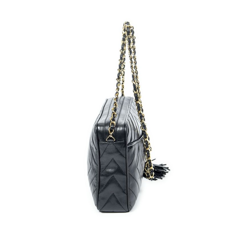 Chanel Coco Mark Fringe Chain Shoulder Black Matelasse Lambskin Leather A