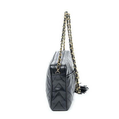 Chanel Coco Mark Fringe Chain Shoulder Black Matelasse Lambskin Leather A