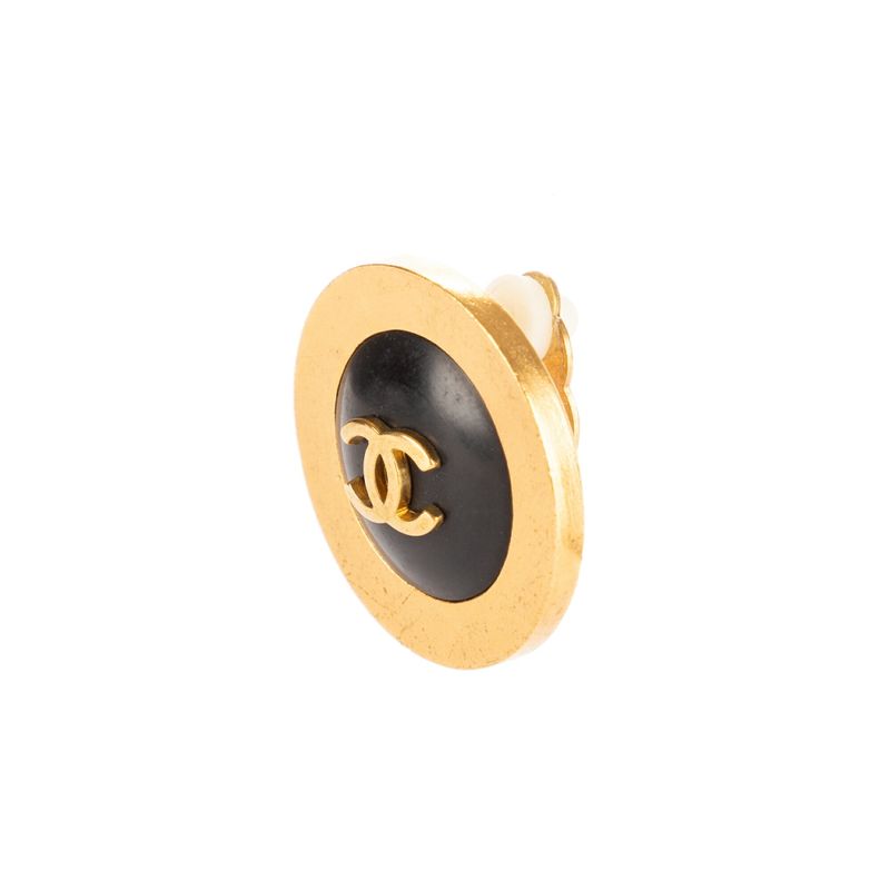 Chanel Coco Mark Round Clip Type Earrings Gold Black Gold Plated A