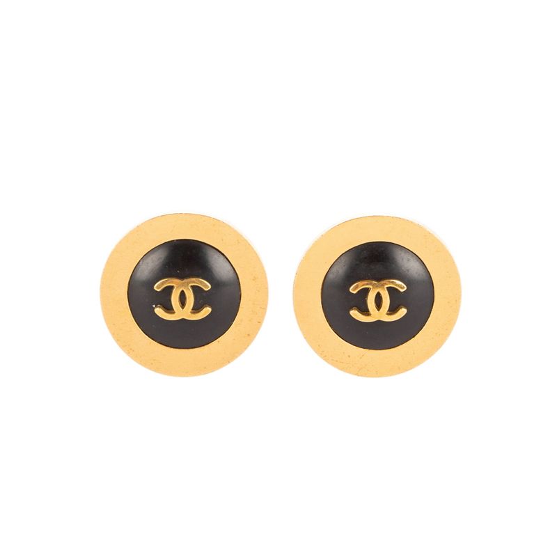 Chanel Coco Mark Round Clip Type Earrings Gold Black Gold Plated A