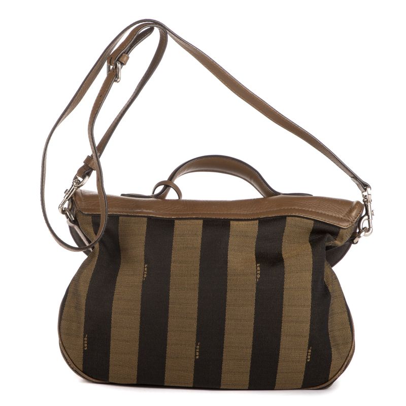 Fendi Flap Messenger Top Handle Brown Pecan Stripe Canvas Calfskinleather A