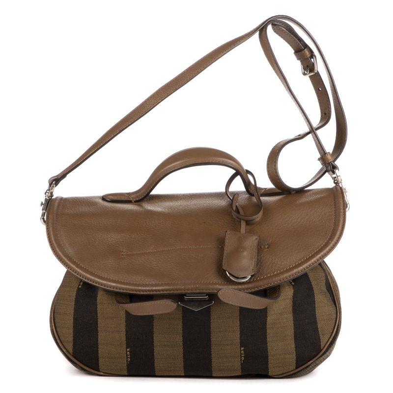 Fendi Flap Messenger Top Handle Brown Pecan Stripe Canvas Calfskinleather A