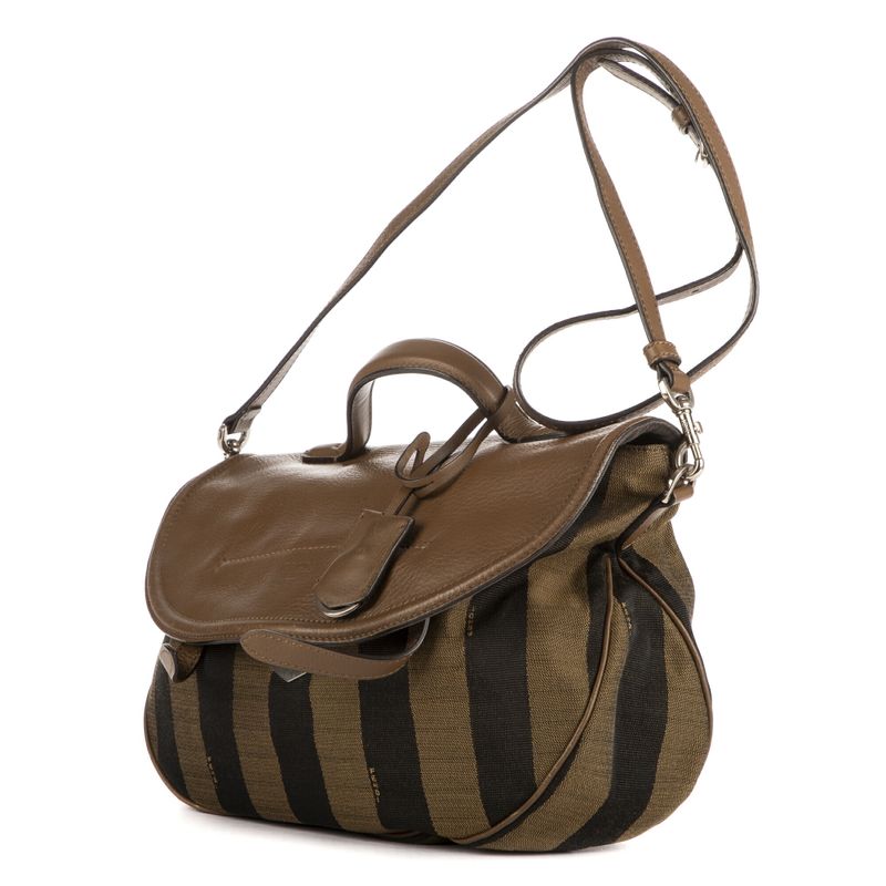 Fendi Flap Messenger Top Handle Brown Pecan Stripe Canvas Calfskinleather A