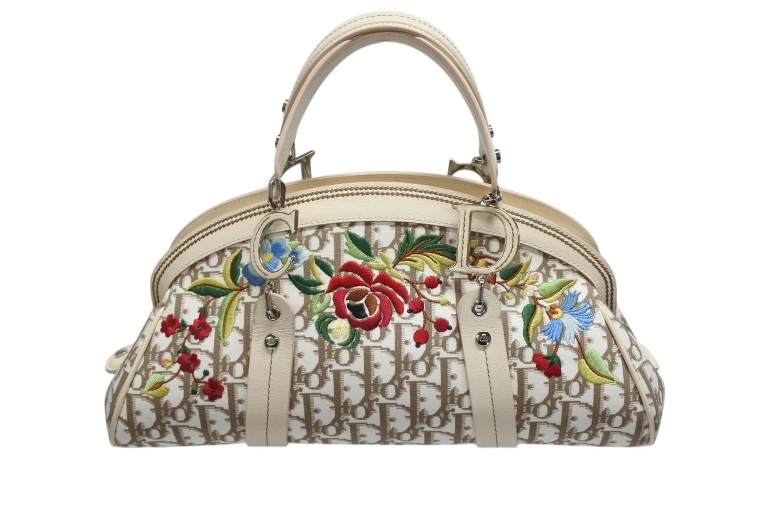Dior Trotter Handbag Floral Embroidery Canvas Beige