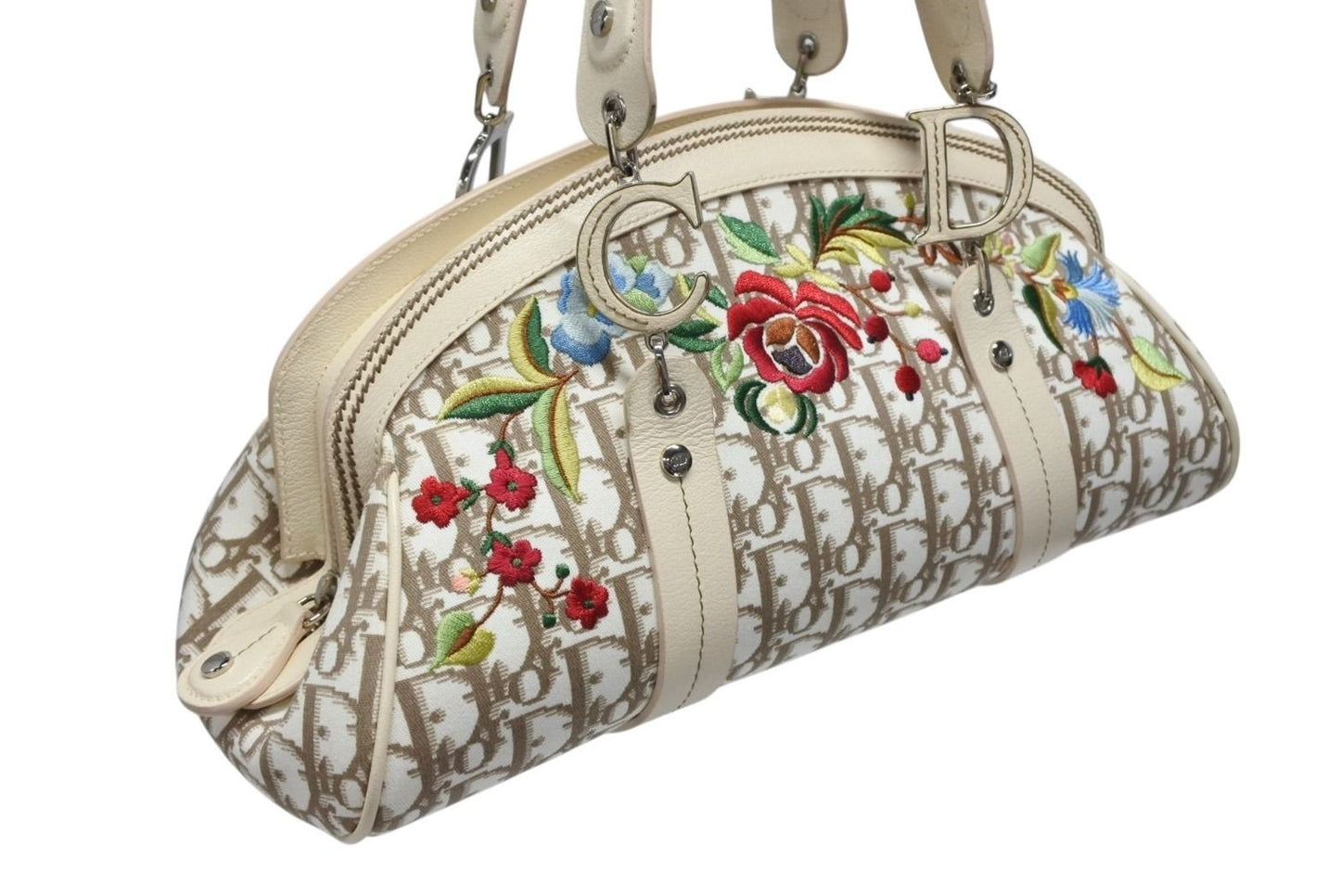 Dior Trotter Handbag Floral Embroidery Canvas Beige — view 4