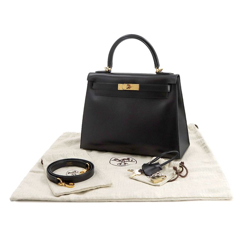 Hermes Kelly 28 2way Hand Shoulder Bag Box Calf Leather Black ?K Engraved