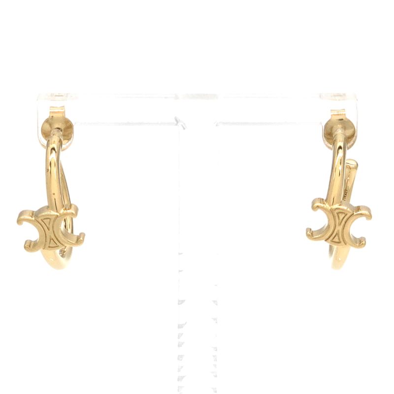 Celine Triomphe Asymmetric Hoop Earrings Binaural Gold Finish Brass Nickel Free