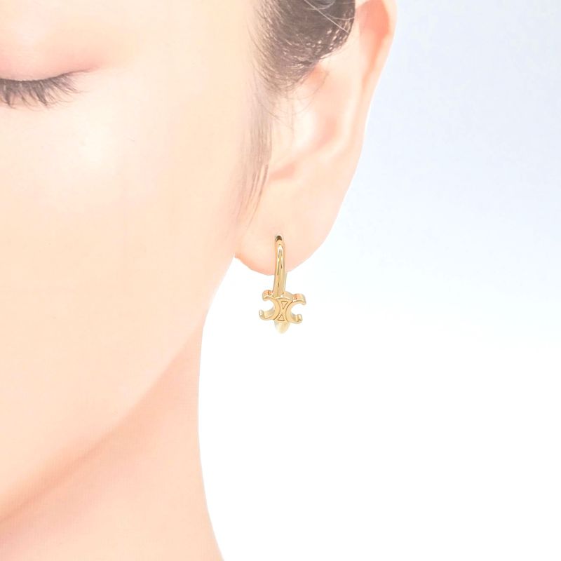 Celine Triomphe Asymmetric Hoop Earrings Binaural Gold Finish Brass Nickel Free