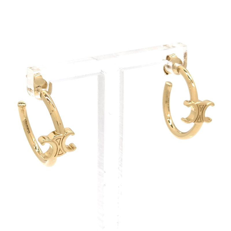 Celine Triomphe Asymmetric Hoop Earrings Binaural Gold Finish Brass Nickel Free