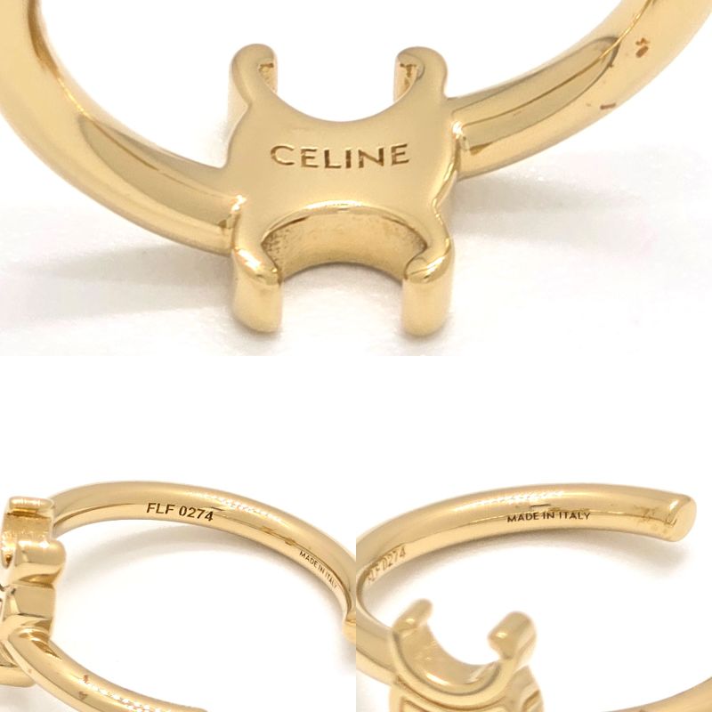 Celine Triomphe Asymmetric Hoop Earrings Binaural Gold Finish Brass Nickel Free