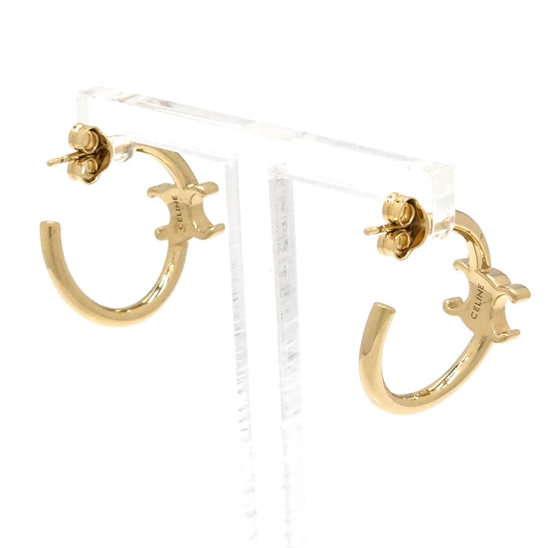 Celine Triomphe Asymmetric Hoop Earrings Binaural Gold Finish Brass Nickel Free