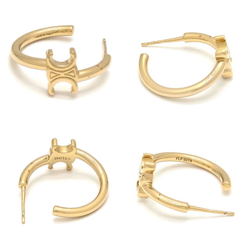 Celine Triomphe Asymmetric Hoop Earrings Binaural Gold Finish Brass Nickel Free