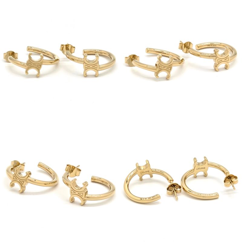 Celine Triomphe Asymmetric Hoop Earrings Binaural Gold Finish Brass Nickel Free