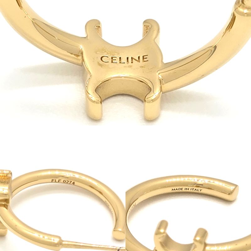 Celine Triomphe Asymmetric Hoop Earrings Binaural Gold Finish Brass Nickel Free