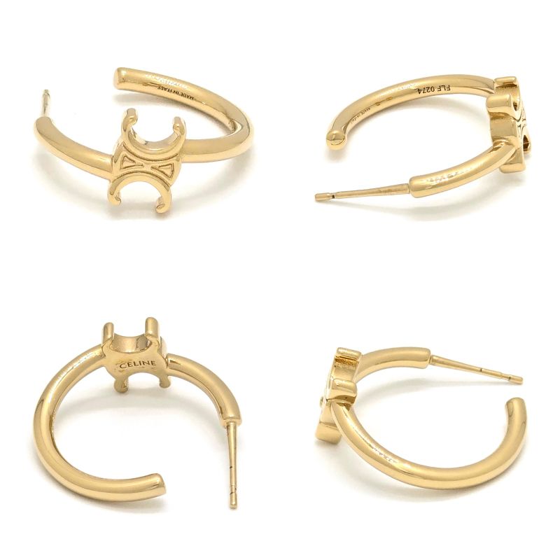 Celine Triomphe Asymmetric Hoop Earrings Binaural Gold Finish Brass Nickel Free