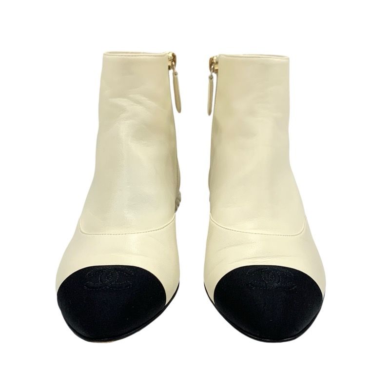 Chanel Boots Short Boots Shoes Leather Fabric Ivory Black Coco Mark Pearl