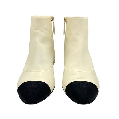 Chanel Boots Short Boots Shoes Leather Fabric Ivory Black Coco Mark Pearl