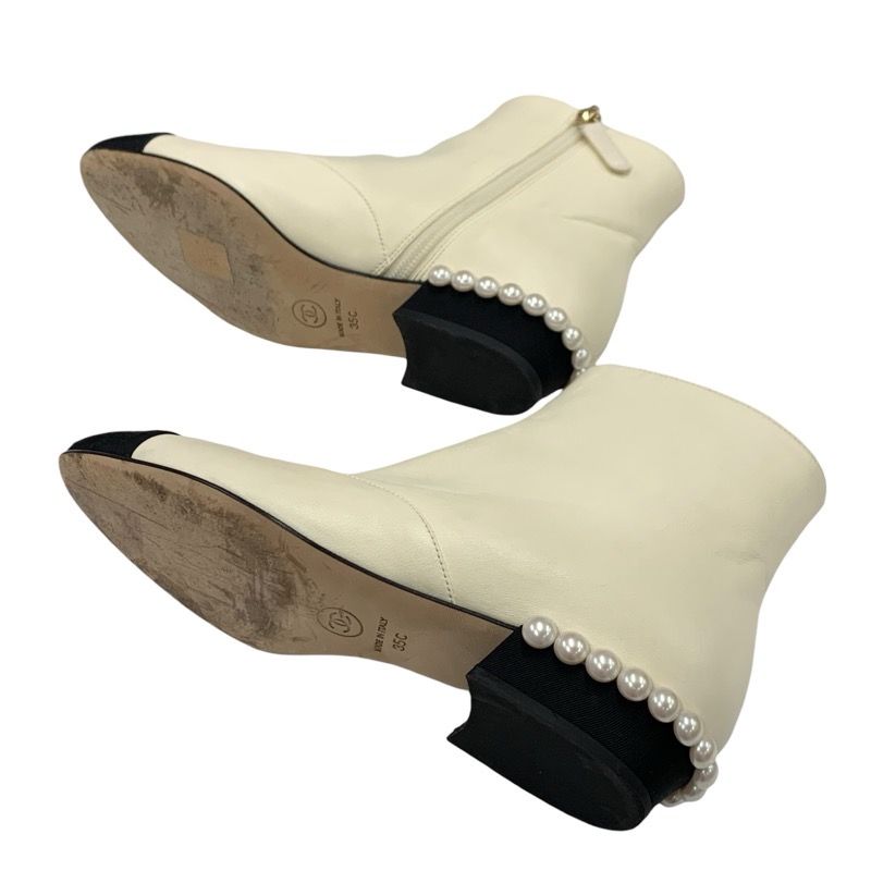 Chanel Boots Short Boots Shoes Leather Fabric Ivory Black Coco Mark Pearl