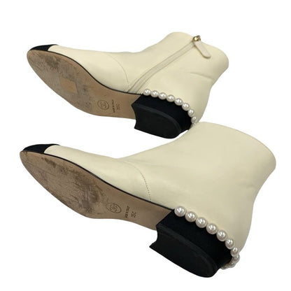Chanel Boots Short Boots Shoes Leather Fabric Ivory Black Coco Mark Pearl