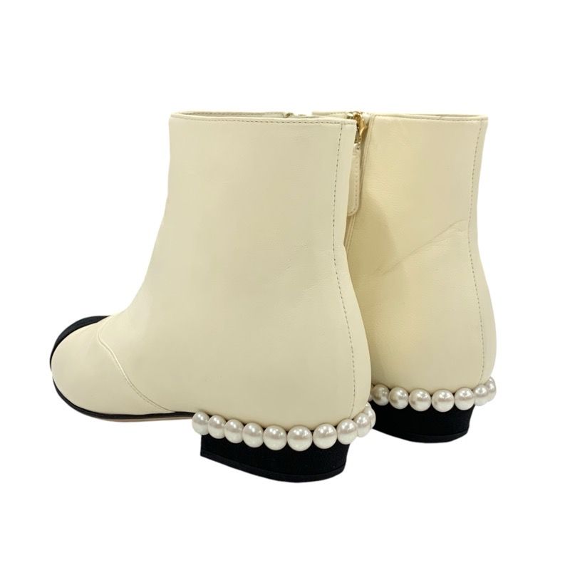 Chanel Boots Short Boots Shoes Leather Fabric Ivory Black Coco Mark Pearl