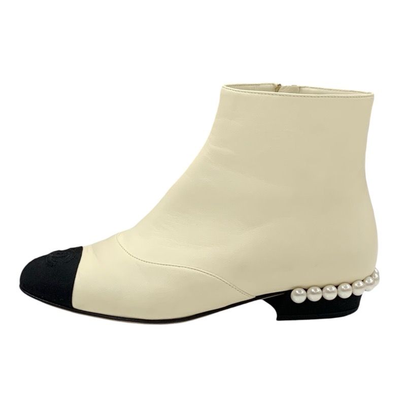Chanel Boots Short Boots Shoes Leather Fabric Ivory Black Coco Mark Pearl