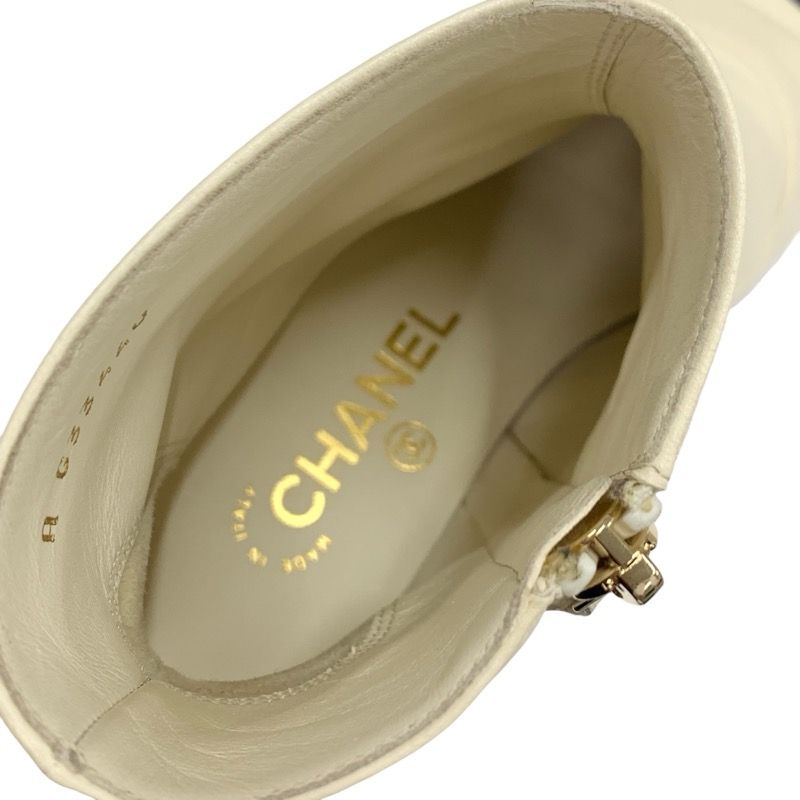 Chanel Boots Short Boots Shoes Leather Fabric Ivory Black Coco Mark Pearl