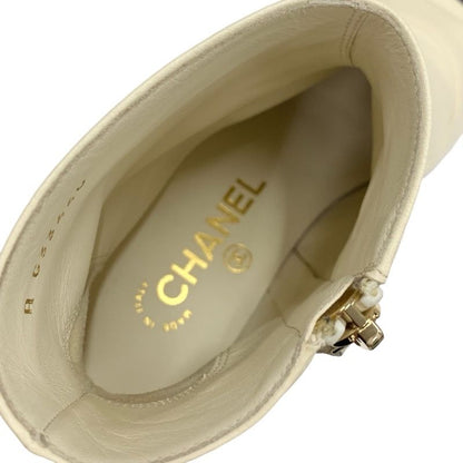 Chanel Boots Short Boots Shoes Leather Fabric Ivory Black Coco Mark Pearl