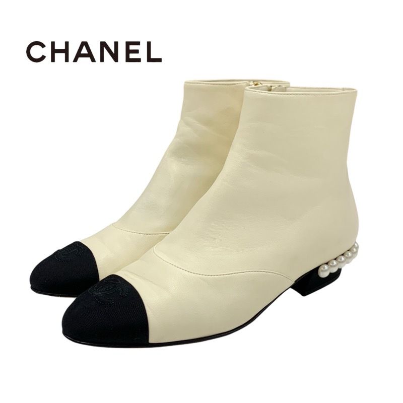 Chanel Boots Short Boots Shoes Leather Fabric Ivory Black Coco Mark Pearl