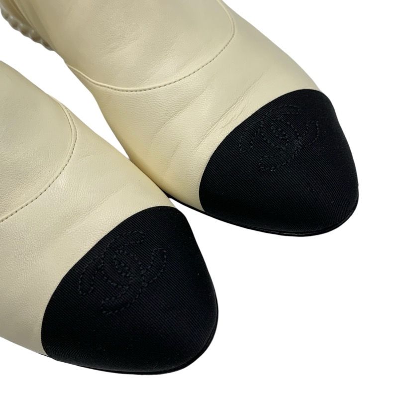 Chanel Boots Short Boots Shoes Leather Fabric Ivory Black Coco Mark Pearl