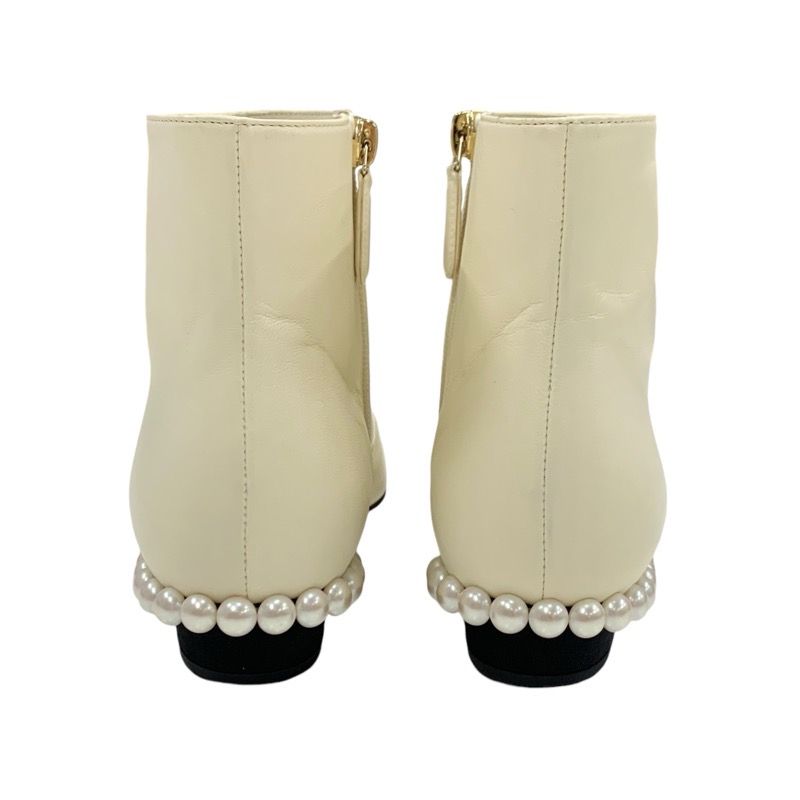 Chanel Boots Short Boots Shoes Leather Fabric Ivory Black Coco Mark Pearl