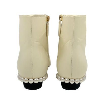 Chanel Boots Short Boots Shoes Leather Fabric Ivory Black Coco Mark Pearl